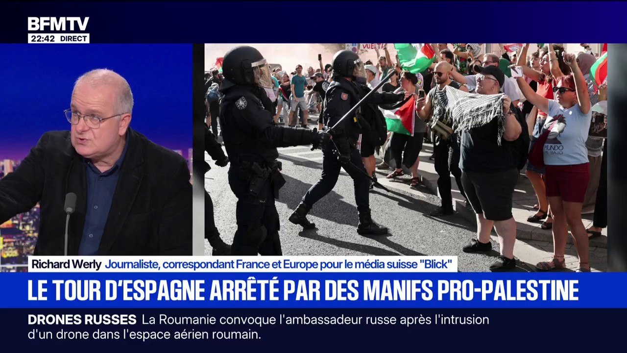 Tour d'Espagne arrêté par des manifestations pro-Palestine: "Il y a une partie de la population espagnole qui estime que c'est un devoir de défendre la Palestine", explique Richard Werly, journaliste
