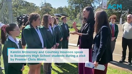 Katelin McInerney and Courtney Houssos speak to Bomaderry High School students during a visit by Premier Chris Minns.