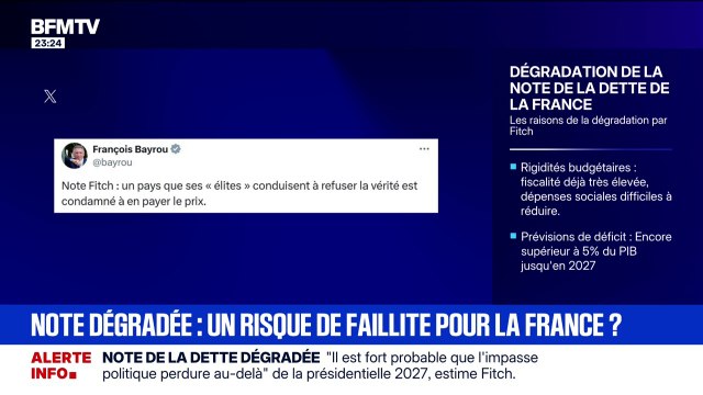 Note de la dette française dégradée: sur X, l'ancien Premier ministre, François Bayrou indique que la note Fitch: un pays que ses élites conduisent à refuser la vérité est condamné à en payer le prix
