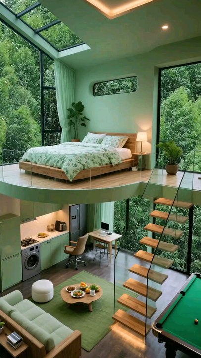 Modern Loft Home Tour, Glass Walls, Forest, Bedroom, Kitchen, Nature-Inspired Living.