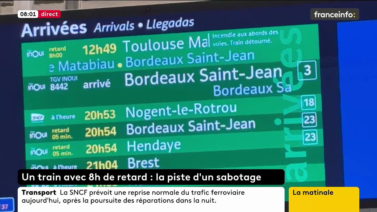 Le trafic ferroviaire a été très fortement perturbé hier entre Bordeaux et Toulouse, en raison de quatre incendies survenus près des voies ferrées et probablement liés à un acte "volontaire", selon le parquet de Bordeaux