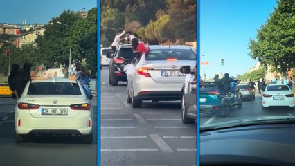 Trafiği tehlikeye düşüren düğün konvoyları kamerada; slalom yapıp camdan sarktılar