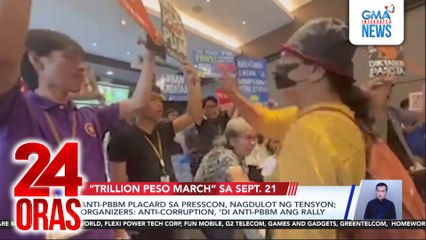 Anti-PBBM placard sa presscon, nagdulot ng tensyon; organizers: anti-corruption, 'di ANTI-PBBM ang rally | 24 Oras