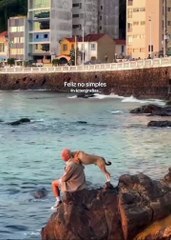 Idoso e cachorro são vistos em momento carinhoso na praia em Salvador; veja vídeo