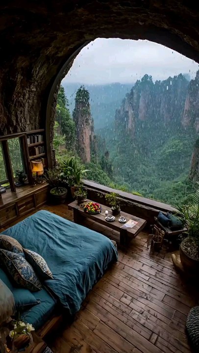 Rustic Cave Resort Bedroom with Misty Mountain Valley Views, Relaxing Vacation Activities, Tourism Adventure.