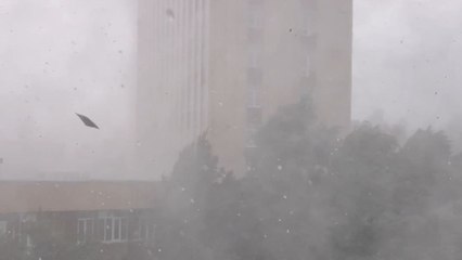 Window view of the destructive hurricane that raged across Kyiv, Ukraine in July 2025