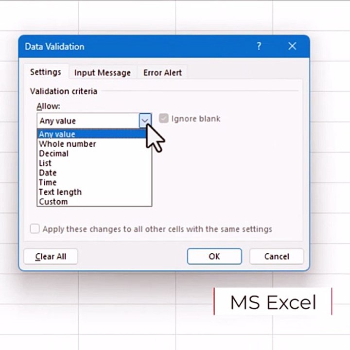 MS Excel Number only Validation