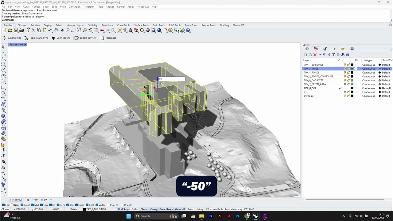 [TopoExport] How to Excavate a Building Footprint in a Terrain Model in Rhino