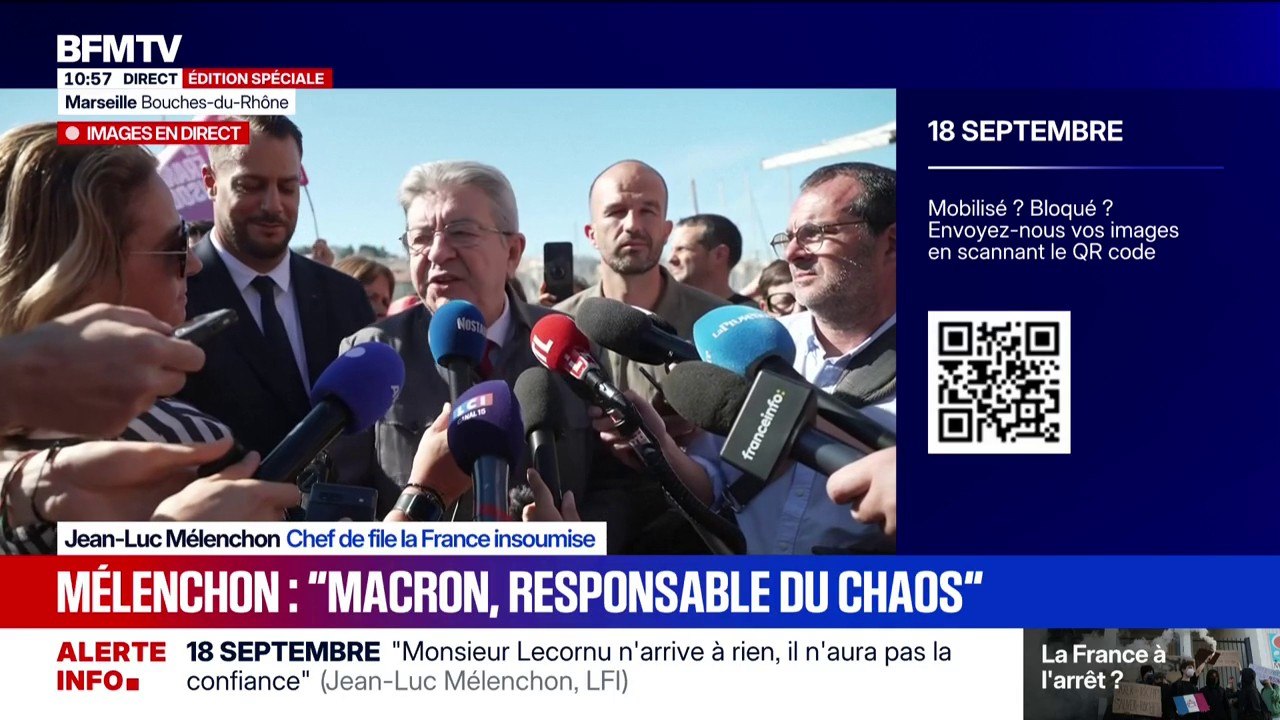 18 septembre: "Si on doit appeler 'chaos' toute mobilisation sociale ou politique, ce n'est plus une démocratie", déclare Jean-Luc Mélenchon