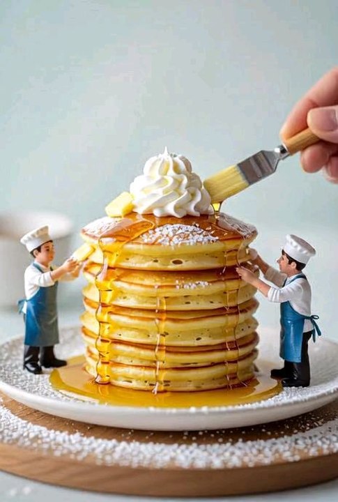 miniature chef making pan cakes