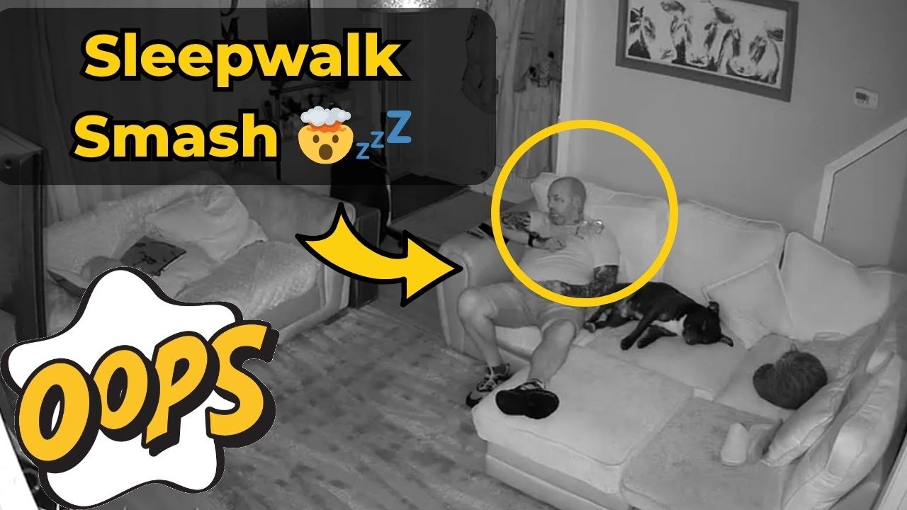 Hilarious living room CCTV footage of man leaping awake during sleep and colliding with TV