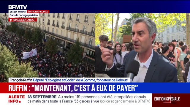 18 septembre: Aujourd'hui ce que l'on voit c'est unité syndicale qui est un modèle pour nous , déclare François Ruffin, depuis le cortège parisien