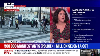 18 septembre: "Les gens en ont ras-le-bol [...] d'un président de la République qui nomme à Matignon un clone, qui va continuer sa propre politique", lance Manon Aubry, députée européenne La France Insoumise