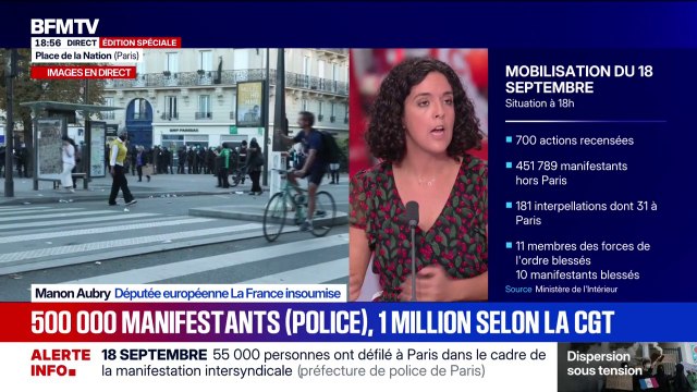 18 septembre: Les gens en ont ras-le-bol [...] d'un président de la République qui nomme à Matignon un clone, qui va continuer sa propre politique , lance Manon Aubry, députée européenne La France Insoumise