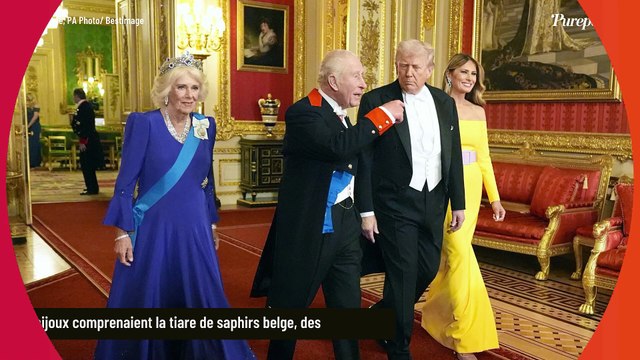 Diamants et saphirs, tenue des grands soirs pour la reine Camilla au banquet d'Etat à Windsor