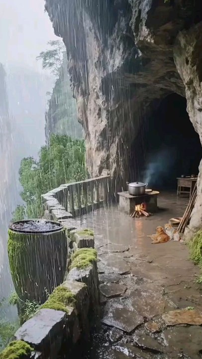 Rustic Cave Patio Cooking in Rainstorm, Fire.