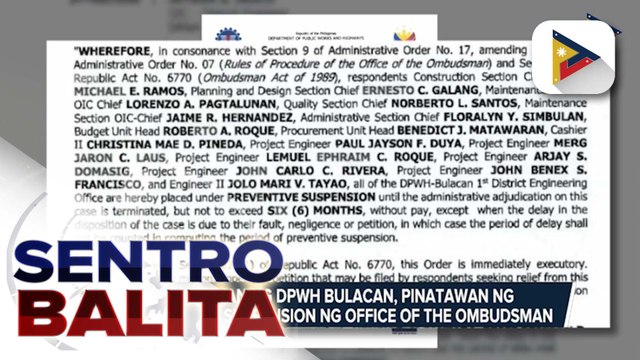 16 tauhan ng DPWH Bulacan, pinatawan ng preventive suspension ng Ombudsman; karagdagang fraud audit reports, isinumite ng COA sa Ombudsman | ulat ni Bernard Ferrer