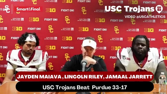 USC Trojans Coach Lincoln Riley, Quarterback Jayden Maiava, and Defensive Tackle Jamaal Jarrett discusses the good defensive performance against Purdue