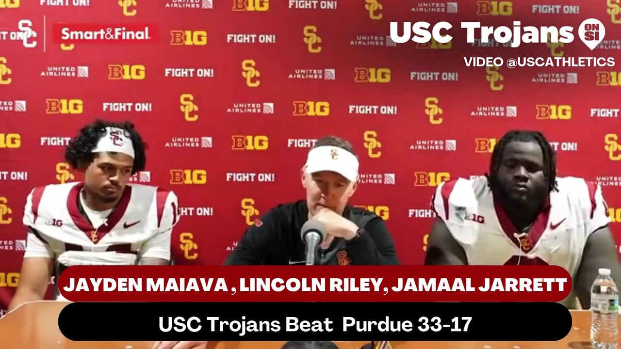 USC Trojans Coach Lincoln Riley, Quarterback Jayden Maiava, and Defensive Tackle Jamaal Jarrett discusses the good defensive performance against Purdue
