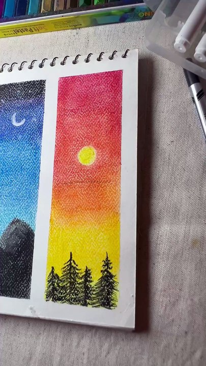 Day and Night Oil Pastel Drawing | Easy Landscape Art Tutorial