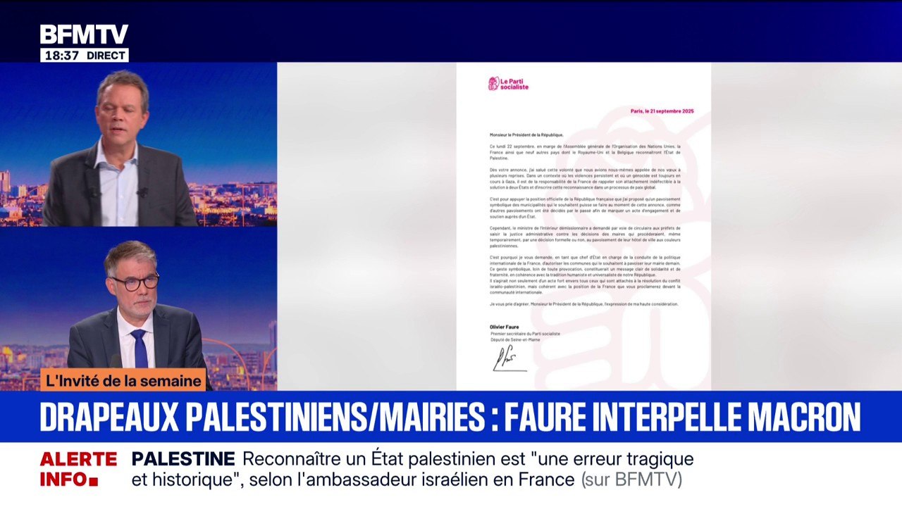 Drapeaux palestiniens sur les mairies: "Je demande au président de la République de rappeler son ministre de l'Intérieur à l'ordre", indique Olivier Faure (PS)