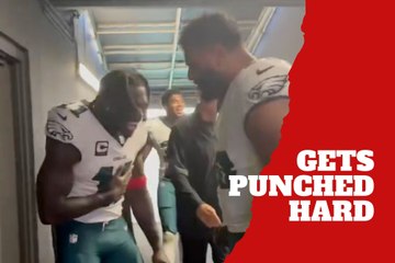 Eagles A.J. Brown gets punched hard by Philadelphia teammate Jordan Mailata