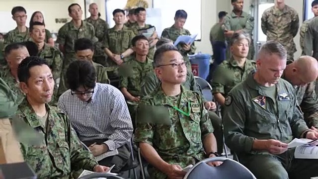Leaders from the 1st Marine Aircraft Wing and the Japan Ground Self-Defense Force visit Japan Maritime Self-Defense Force Kanoya Air Base.