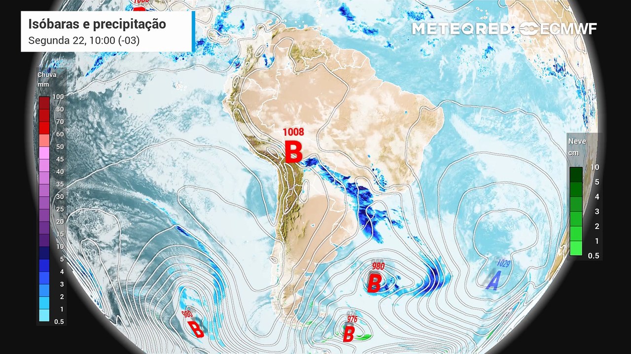 Segunda, 22 de setembro: Previsão de nebulosidade, precipitação e pressão a nível médio do mar entre segunda (22) e quarta-feira (24).