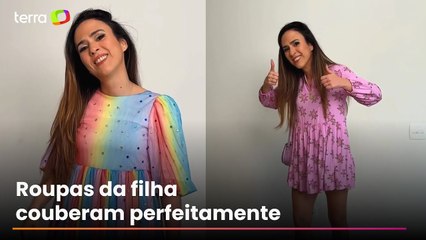 Tata Werneck se diverte usando vestidos da filha de 5 anos: 'Quem vai pegar as roupas de quem?'