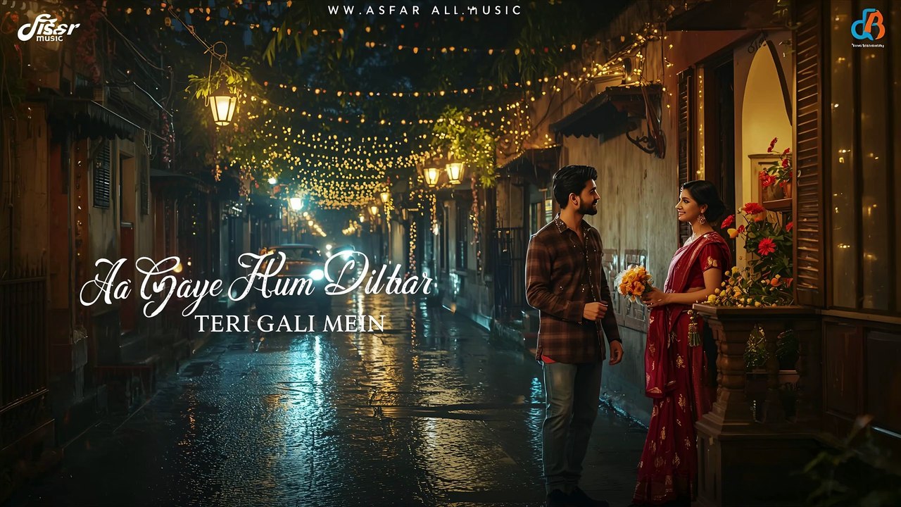 'Romantic Bollywood-style scene in an old Indian street at night, decorated with fairy lights, rain-soaked road reflecting lights, handsome boy standing with flowers looking at a beautiful girl in traditional red