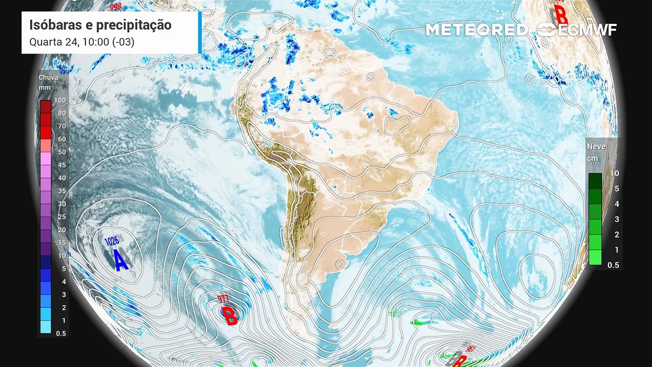 Quarta-feira, 24 de setembro: Previsão de nebulosidade, precipitação e pressão a nível médio do mar entre quarta (24) e sexta-feira (26).