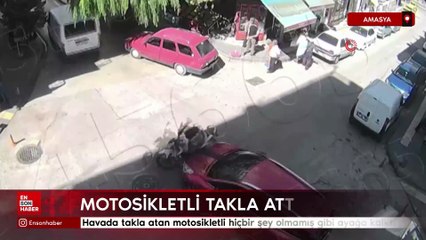 Amasya'da havada takla atan motosikletli hiçbir şey olmamış gibi ayağa kalktı