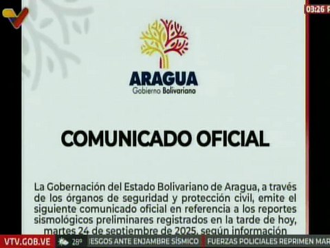 Gobernación de Aragua insta a sus ciudadanos a mantener la calma ante los sismos registrados en la región