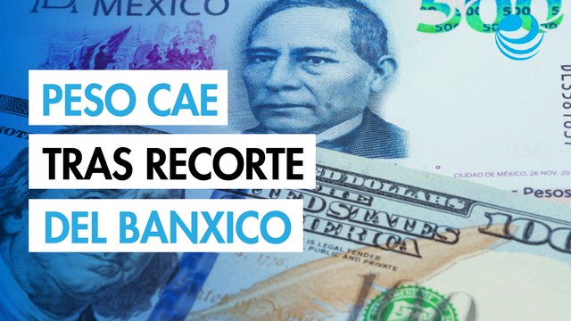 Peso mexicano cae a 18.50 ante dólar fuerte y tras recorte de tasa del Banxico