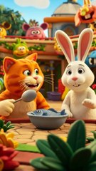 cat & rabbit both are eating foods and fruit together