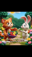 Cat & rabbit eating foods together
