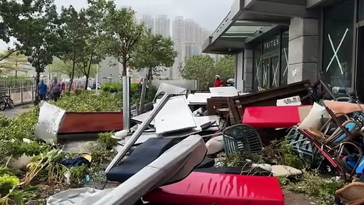 Typhoon Ragasa Floods Tseung Kwan O Waterfront Restaurants, Damages Slope in Hong Kong