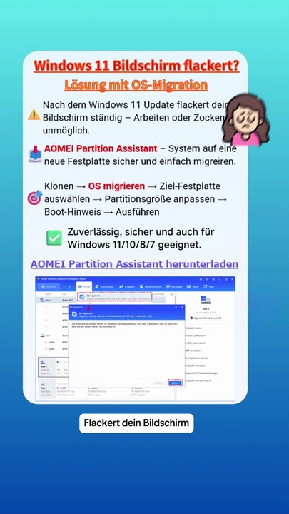 Windows 11 Bildschirm flackert? 👉 OS auf neue Festplatte migrieren!