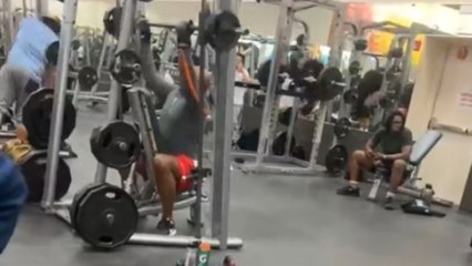 Fitness enthusiast performs odd and overly energetic moves during workout