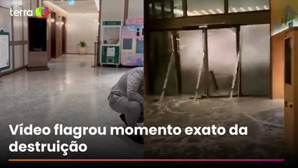 Onda gigante quebra portas e invade hotel durante supertufão Ragasa em Hong Kong