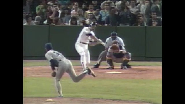 Ken Griffey Jr. crashes into the wall as he makes the catch on Wade Boggs' fly (5/23/89)
