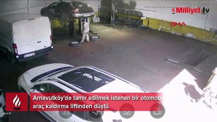 Arnavutköy'de otomobil liftten düştü; tamirci son anda kurtuldu