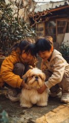 children playing with puppy