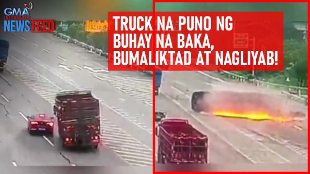 Truck na puno ng buhay na baka, bumaliktad at nagliyab! | GMA Integrated Newsfeed
