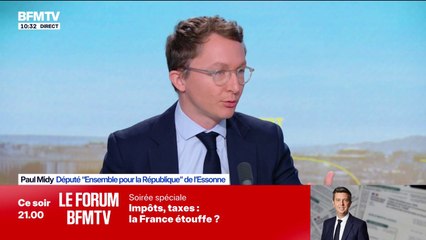 Baisse d'impôts: "Agir sur les salaires net, que les Français voient un impact rapidement, c'est une très bonne idée", estime Paul Midy (Ensemble)