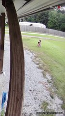 Kids get a jump scare from sudden thunder and lightning while playing outside