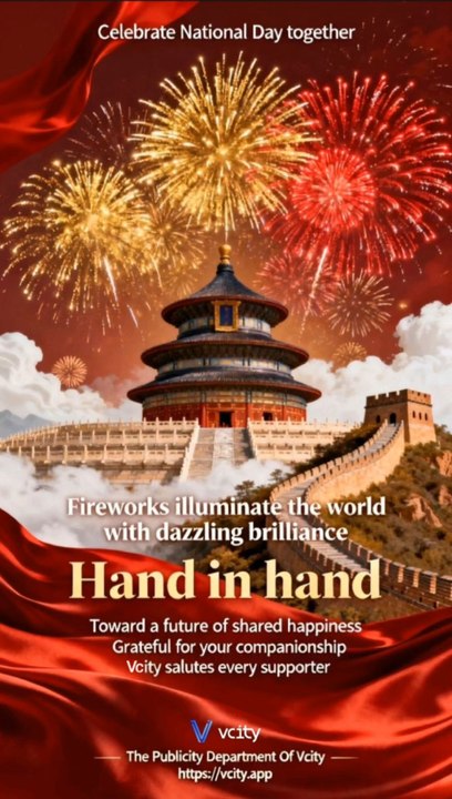 Celebrate National Day togetherFireworks illuminate the world with dazzling brillianceHand in handToward a future of shared happinessGrateful for your companionshipVcity salutes every supporter＃ZhangXie＃Vcity＃vcity.app#VcityMeta