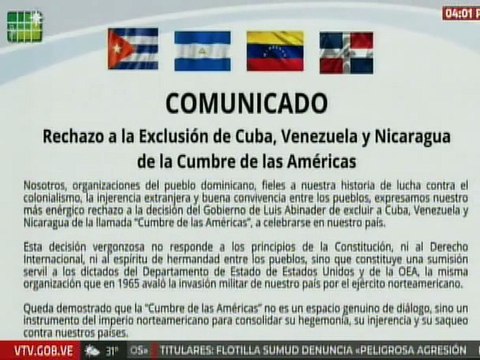 Organizaciones de RD rechazan exclusión de Cuba, Venezuela y Nicaragua de la Cumbre de las Américas