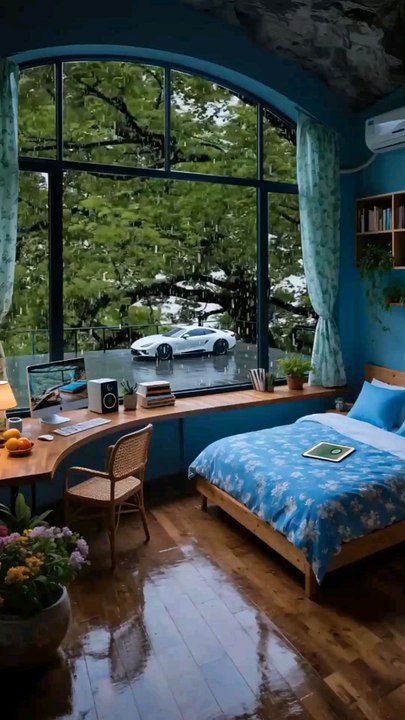 Resort Bedroom with Blue Walls, Wooden Bed, Rainy Day Views, Wind, Tulips, Vacations