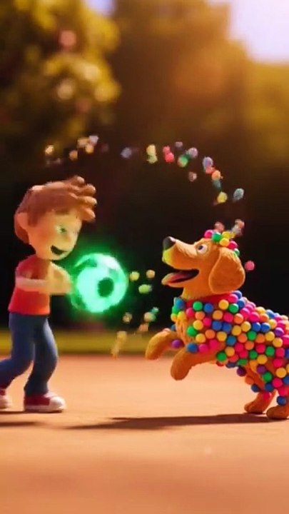 boy helping dog from getting rid of colorful ball